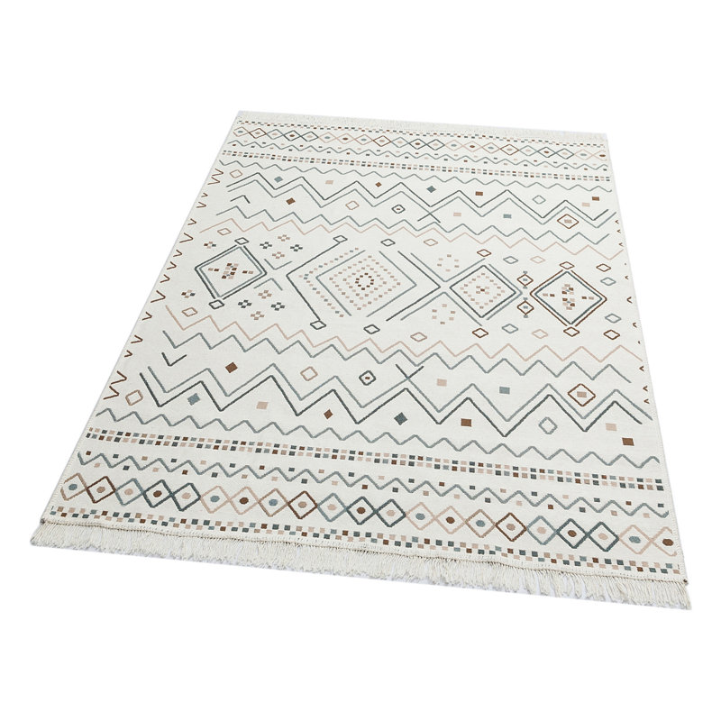 Tapis rectangulaire en coton tissé à plat à la machine marocain beige / bleu / blanc, Rectangle 2 pi 7 po x 4 pi 11 po