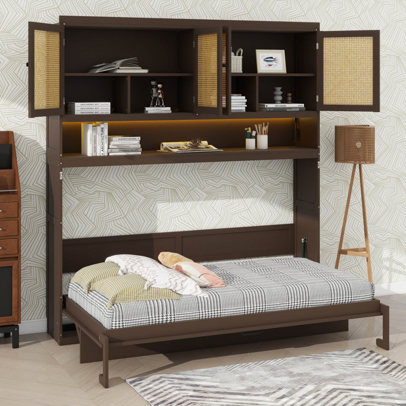 Lit escamotable compact avec unité de rangement, structure pliable avec éclairage et connecteurs USB, Espresso