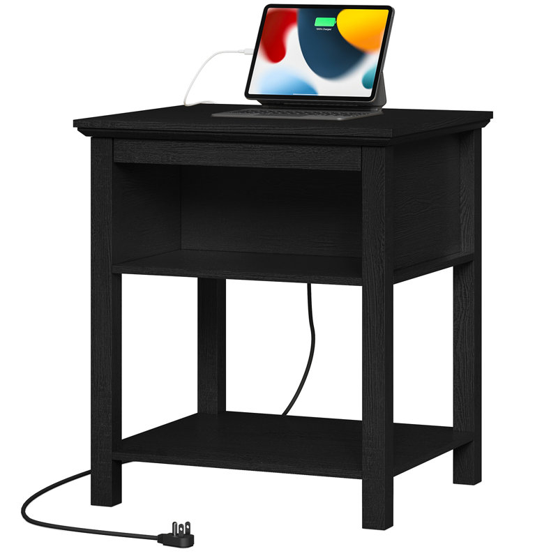Analiesa End Table With Storage And Charging Station, Black Top/Black Base