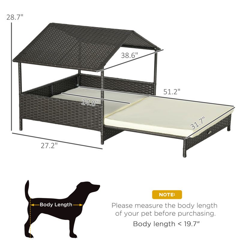 Lit d'extérieur pour chien en osier extensible avec toit imperméable, coussin doux, pour petits et moyens chiens, blanc crème