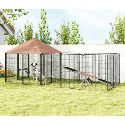 Grand chenil d'extérieur pour chien avec bols rotatifs et à hauteur réglable, auvent imperméable et résistant aux rayons UV, café