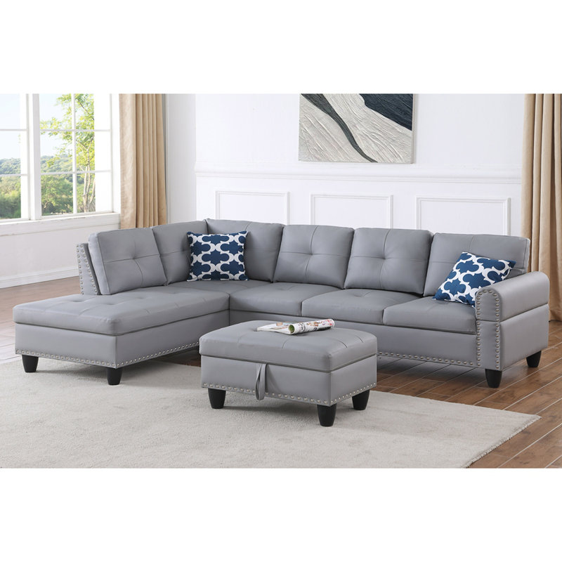 Canapé modulaire en faux cuir gris avec repose-pieds en L, Gris
