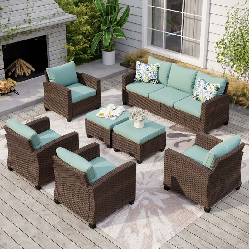 Argyri 9-Person Wicker Patio Conversation Set with Fire Pit, Cushion Pro Blue Performance Canvas, No