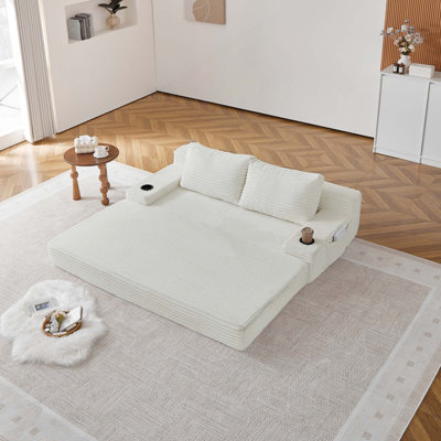 70.8-Inch Corduroy Two-In-One Sofa Bed with 2 Throw Pillows, Cup Holders on The Armrests & Side Storage Pockets-Ideal