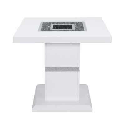 24" White and Silver Glass and Wood Faux Crystal Bling Square Pedestal End Table