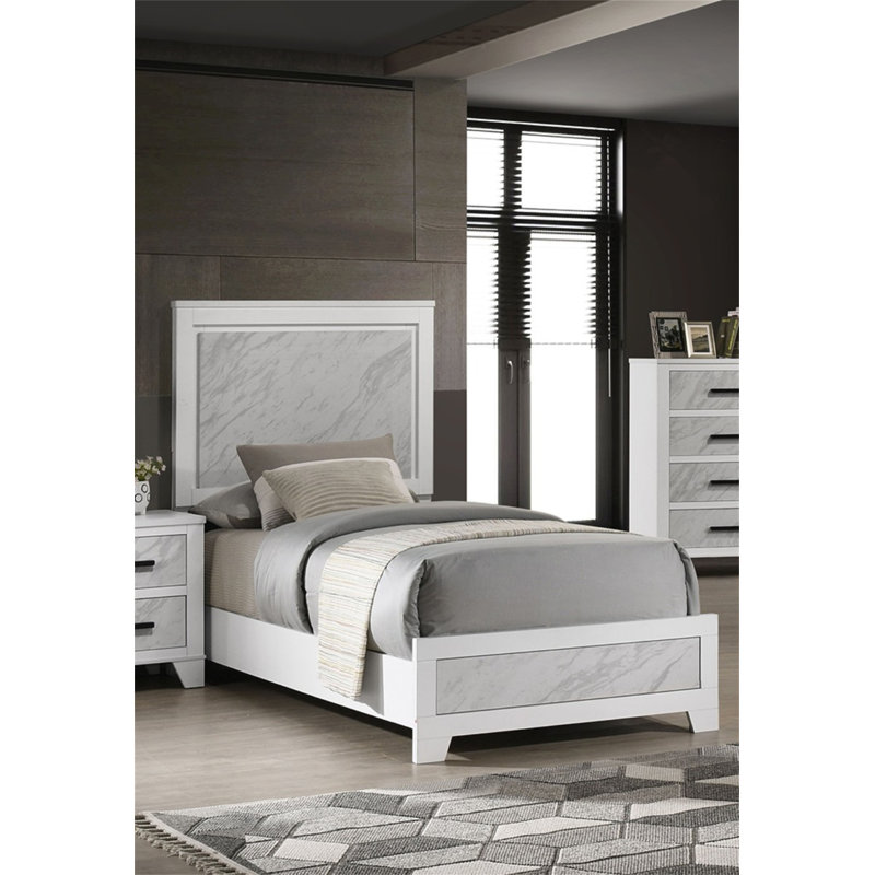 Lit de style contemporain contemporain de 1 lit simple de couleur blanche Magnifique tête de lit à panneau imitation marbre FB Furniture