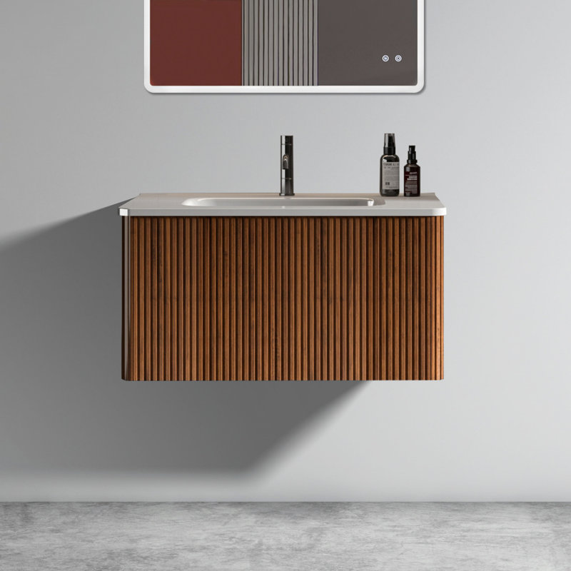 Striped Walnut Bathroom Vanity With White Ceramic Sink, Wall Mounted Floating Bathroom Vanity For Modern Bathroom, Pre-Assembled, Bathroom Vanity