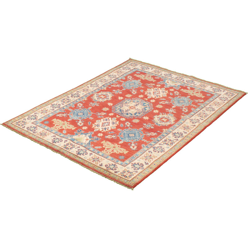 Tapis unique en laine noué à la main de style Gazni rouge / gris des années 2010 de 4 pi 11 po x 7 pi Qaiden