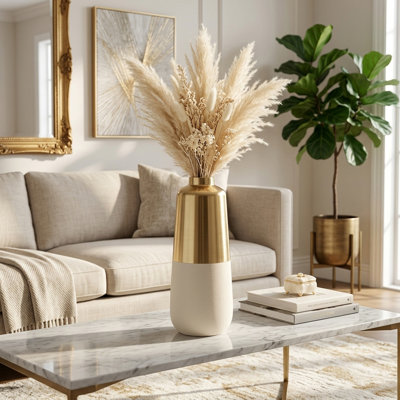Modern Glam Metal And Iron Flower Vase For Home Tabletop Decor - Tall Table Vase Accent With Elegant Styling For Living Spaces - Gold & Ivory