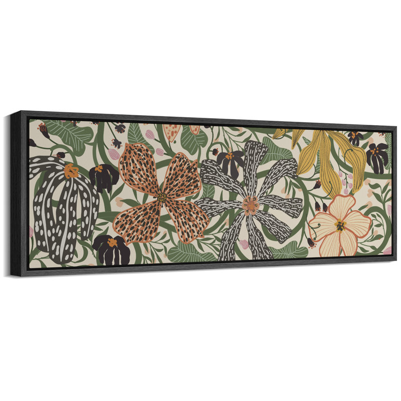 Abstract Green Botanical Flower Art Mid Century Modern Boho Wall Art Horizontal Art Decor, 20" H x 60" W, Black