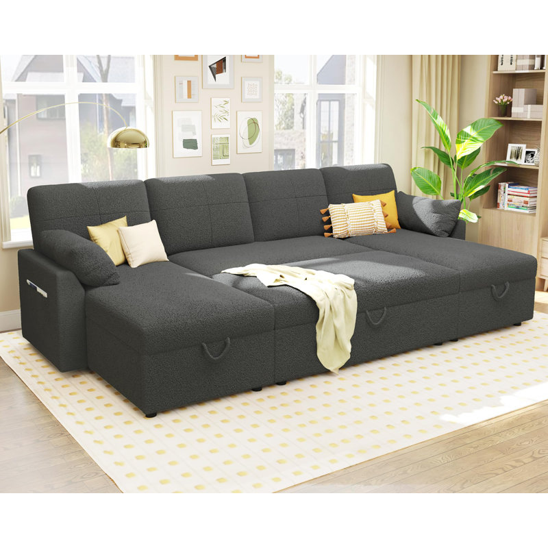 110 Inch Oversized Sofa Bed - 2 In 1 Pull Out Sleeper Sofa With Sectional And Double Storage Chaise, Gray Boucle