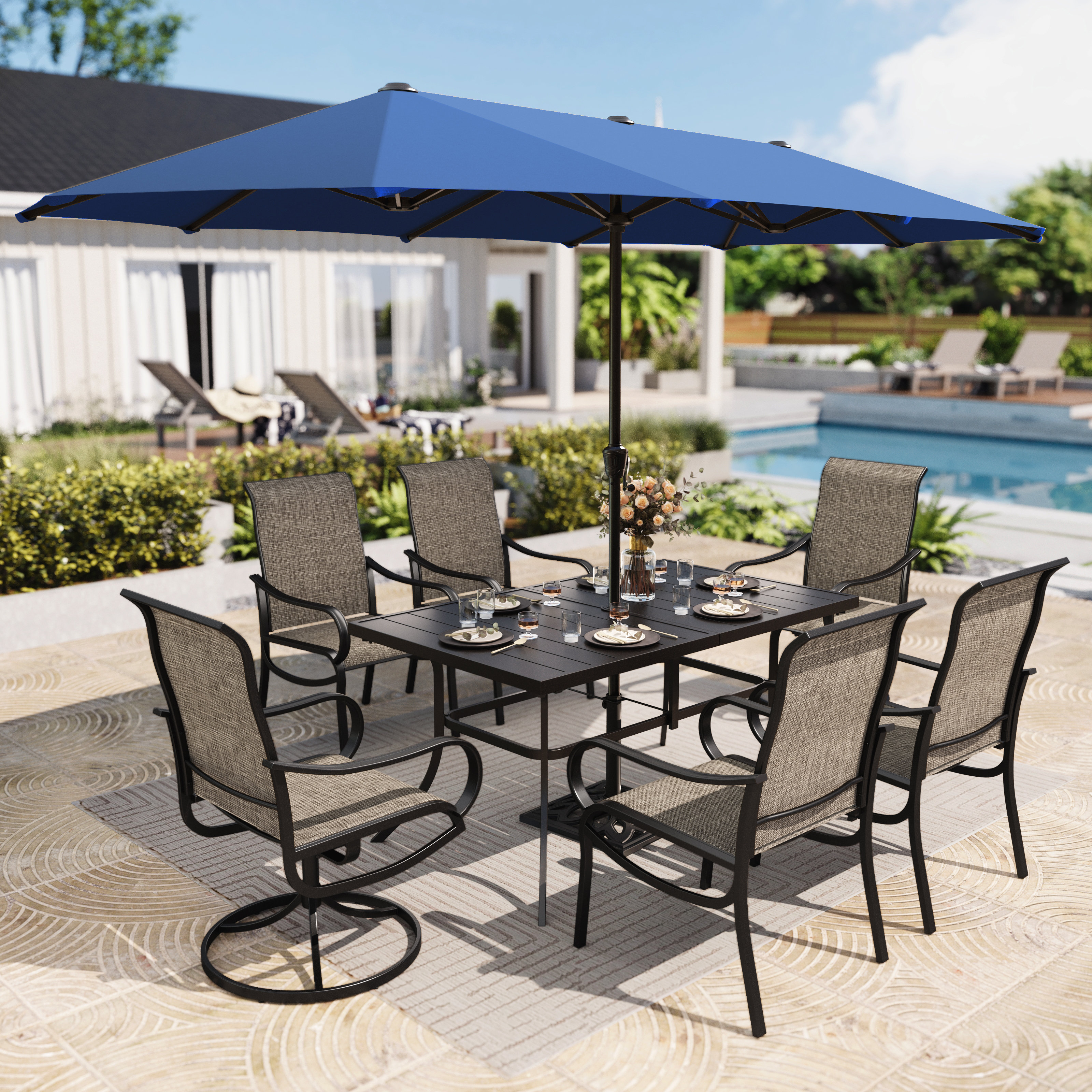 largo 7 piece outdoor patio dining set with umbrella Amazon.com: Grand Faux Wood Grain Finish, Modern Alunimum Table and Chairs for 6 with Market Hole for Garden, Backyard,Poolside,Lawn,Porch,Deck,Yard,Dark Brown : Patio, Lawn & With a perfect match of 6 C 7pcs Patio Dining Outdoor Table