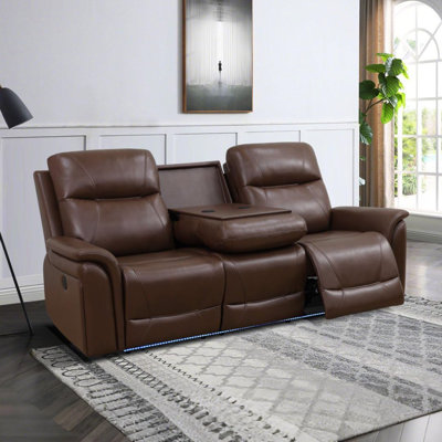 86.5" Power Recliner Sofa In Breathable Leather With LED Light,Wireless Charging Station,And Cup Holders