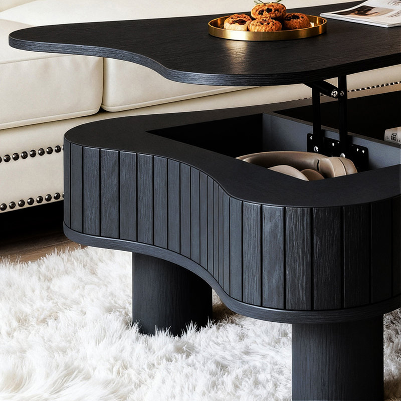 Table basse à plateau relevable pour salon 42 po - Rangement caché à panneau cannelé, relevage hydraulique silencieux, coins de sécurité courbés, assemblage en 5 minutes (l 27 po x H 13 à 18,9 po, noir)