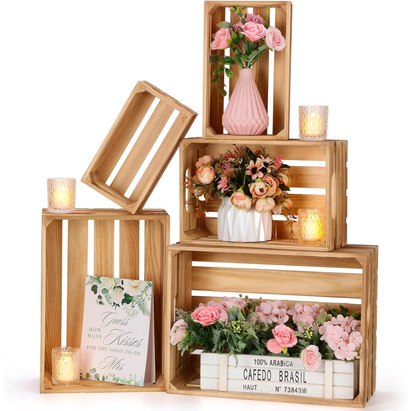 5 caisses gigognes décoratives en bois pour présentation 5 grandes petites caisses de rangement décoratives en bois rustique avec poignée boîte de caisse de ferme en pin (couleur classique)