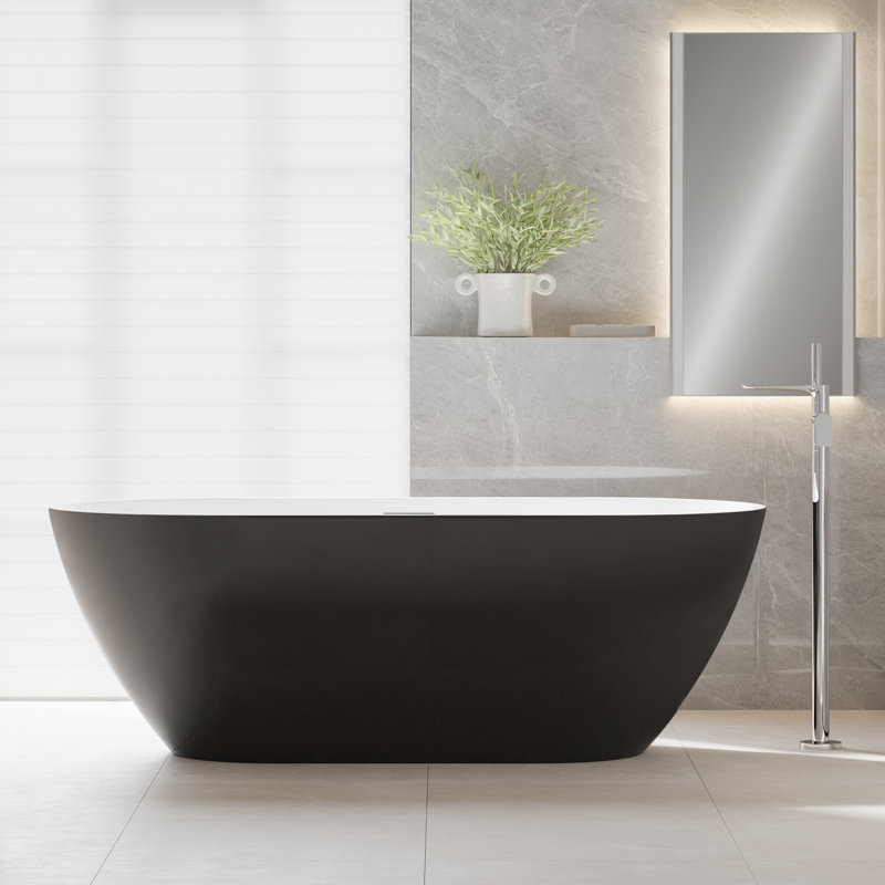 Acrylic Freestanding Soaking Bathtub with Integrated Overflow, Modern Luxury Stand Alone Tub for Bathroom, Black