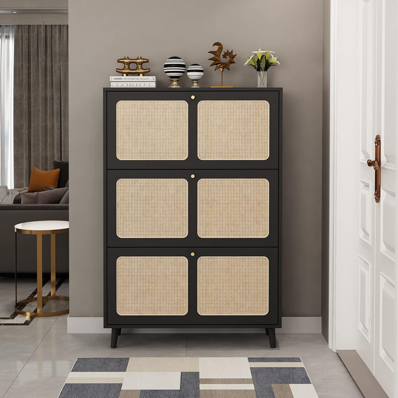 Rattan Shoe Cabinet, 24 Pairs Shoe Storage Cabinets With 3 Rattan Decorated Flip Drawers, Freestanding 3 Tier Wood Shoe Racks Organizer For Bedroom Entryway Hallway Corridor