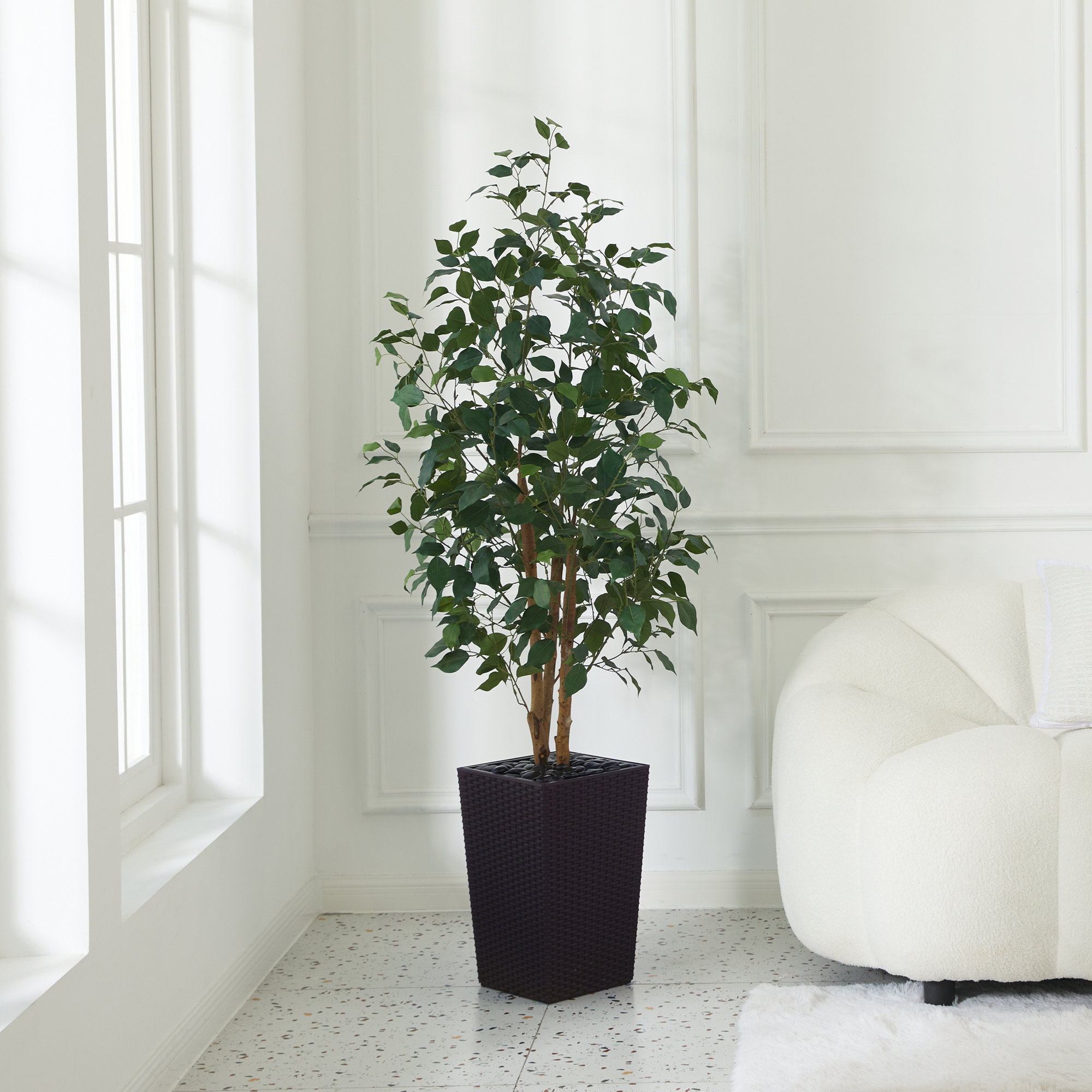 Almont UV Protected Artificial Ficus Tree with Decorative Base, Faux Ficus Plant with Natural Trunk, 60" H x 20" W x 20" D