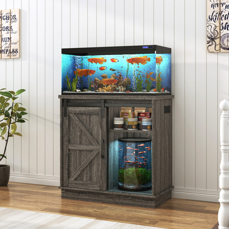 Support d'aquarium de ferme avec porte de grange coulissante, armoire à poissons avec tablettes réglables et prises de courant intégrées