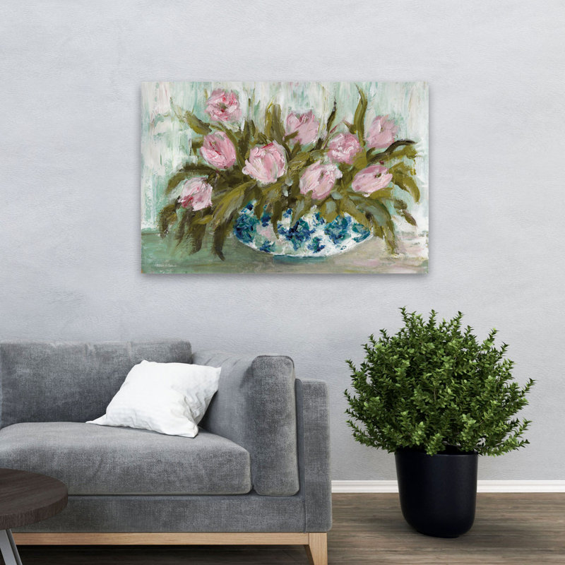 Tulipes roses en chinoiserie - tulipes contemporaines, fleurs roses, art sur feuillage vert, H 32 po x l 48 po