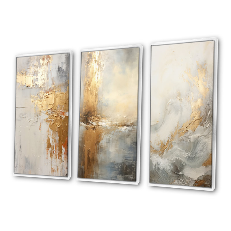 Beige côtier moderne et rivière Gold, Cadre flottant blanc, H 32 po x l 48 po
