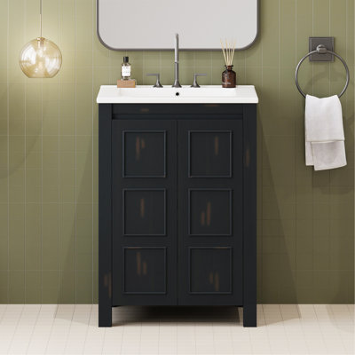 Petit ensemble de meuble-lavabo de style rétro 24 po x 18 po x 34 po avec lavabo en céramique et 2 portes à fermeture en douceur