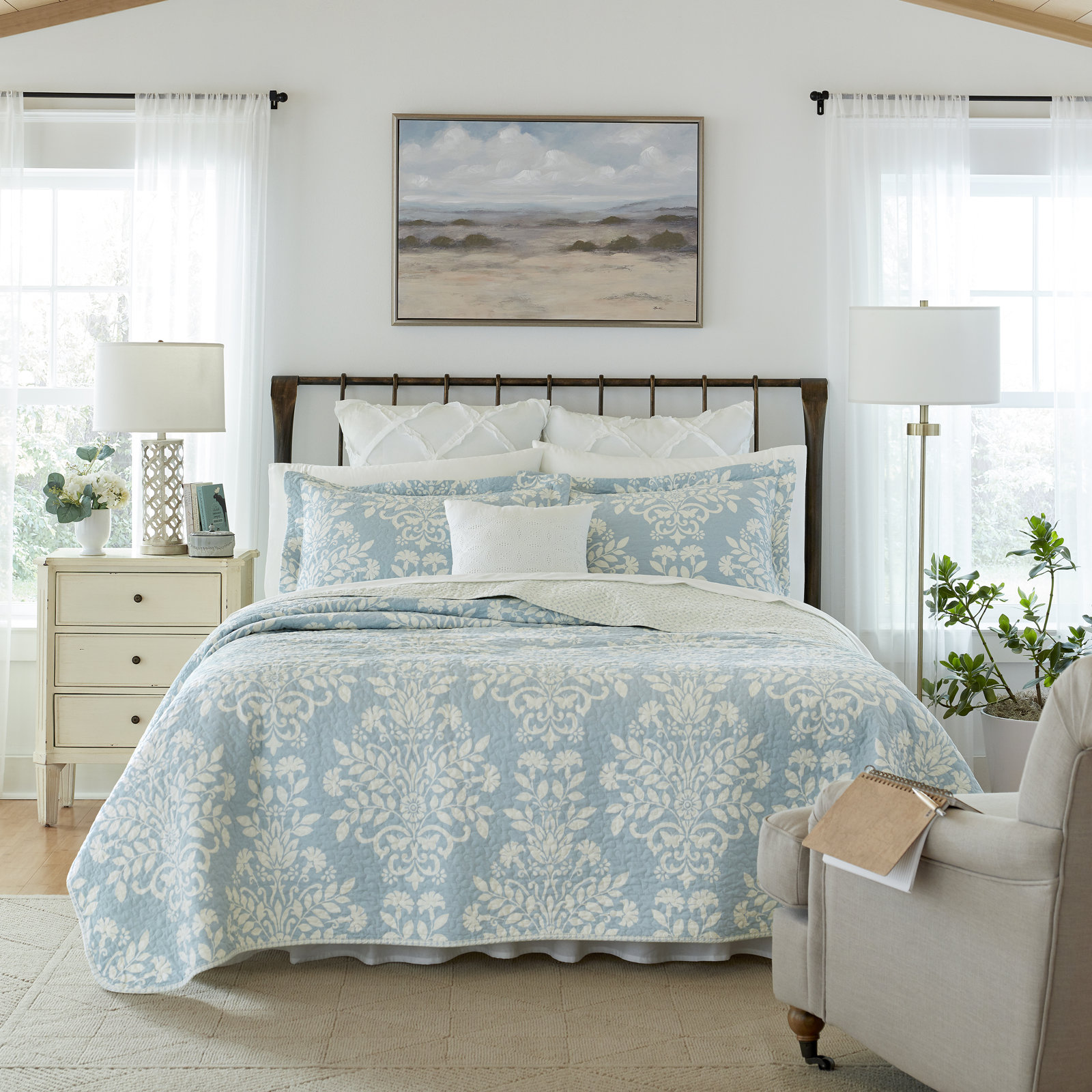 Rowland Cotton Quilt Set, Full/Queen Coverlet + 2 Standard Shams, Light Blue