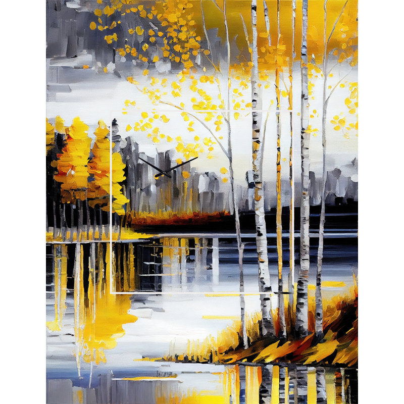 Horloge murale en forme de bouleau gris et jaune au bord du lac I, Petit