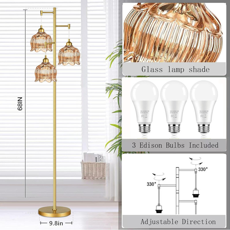 Lampe sur pied en or 68IN pour salon, lampes sur pied modernes avec abat-jour en verre uniques
