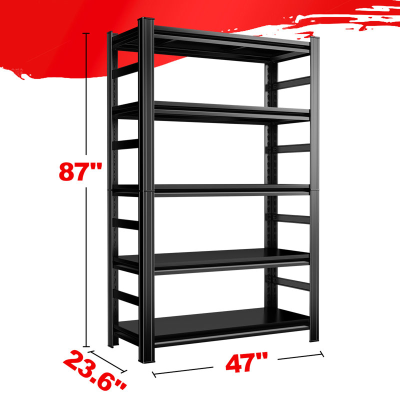 Étagère de rangement en métal de 87 po de hauteur pour les salles d'outils, les garages - à cinq couches, réglable, surface rouillée, les garages réglables de la couche facile à assembler, les grandes surfaces noires, à installer avec des barrières de sécurité latérales