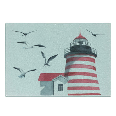 Ambesonne Lighthouse Tempered Glass Cutting Board Seagulls Beach Sea Red Grey White