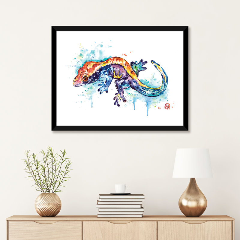 «Gecko» par Lisa Whitehouse - impression d'art graphique, H 24 po x l 32 po x P 1 po, Papier encadré noir, Blanc