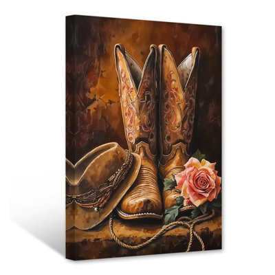 Western Canvas Wall Art Cowboy Boot Wall Decor Southwest Pictures Boot And Roses Print Rustic Farmhouse Bedroom Decor Framed (16.00" X 24.00")