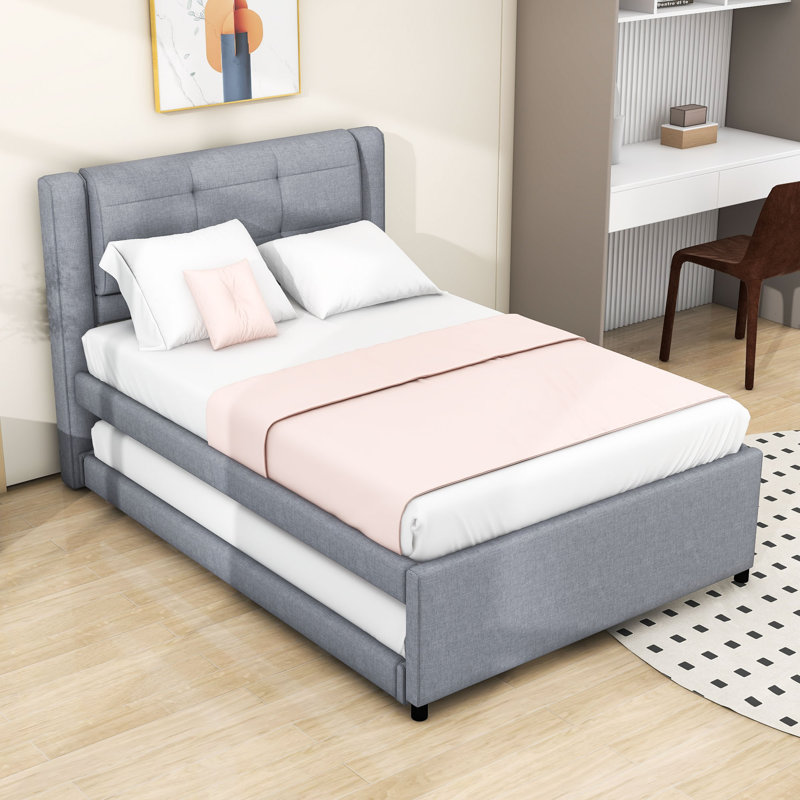 Jadarrion Full Size Linen Upholstered Platform Bed with Twin Trundle, Gray