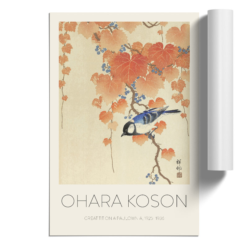 Great Tit on a Paulownia Branch Print by Ohara Koson - Frameless Print, 30cm H x 21cm W x 0.1cm D