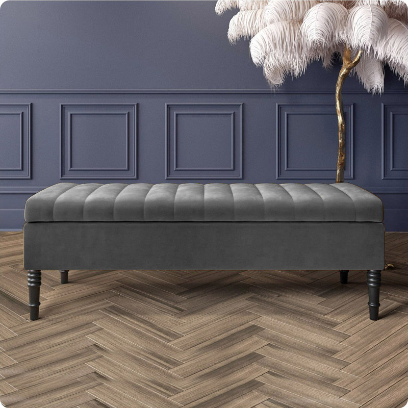 Safar Striped Ottoman Storage Bench – Upholstery Plush Velvet Shoe Bench with Black Turned Wooden Legs, Steel Grey