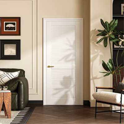Porte 32 po x 80 po, dalle de porte intérieure à persiennes en PVC blanc résistant à l'humidité et à l'humidité pour garde-robe de garde-robe de garde-manger, passe-grange coulissant sans quincaillerie et cadre