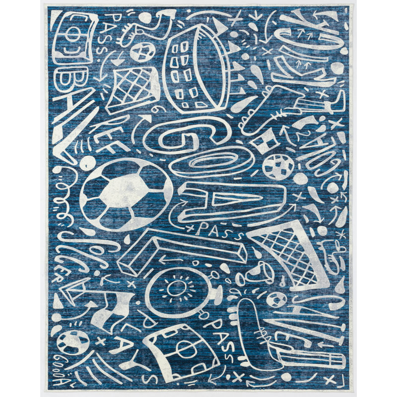 Tapis tissé à la machine Sportsglyphs Soccer, Crème/bleu sarcelle, Rectangle 5 pi x 7 pi