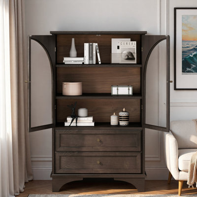 Glass Door Display Case Storage Cabinet With 2 Drawers And Adjustable Shelves