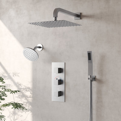 Thermostatic Dual Shower System 12" Wall Mount High-Pressure Shower Head with Handheld Spray