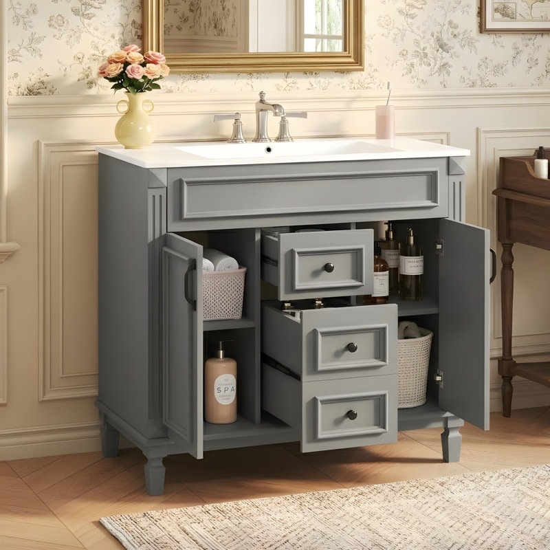 Meuble-lavabo de 36 pouces avec lavabo en céramique, Gris