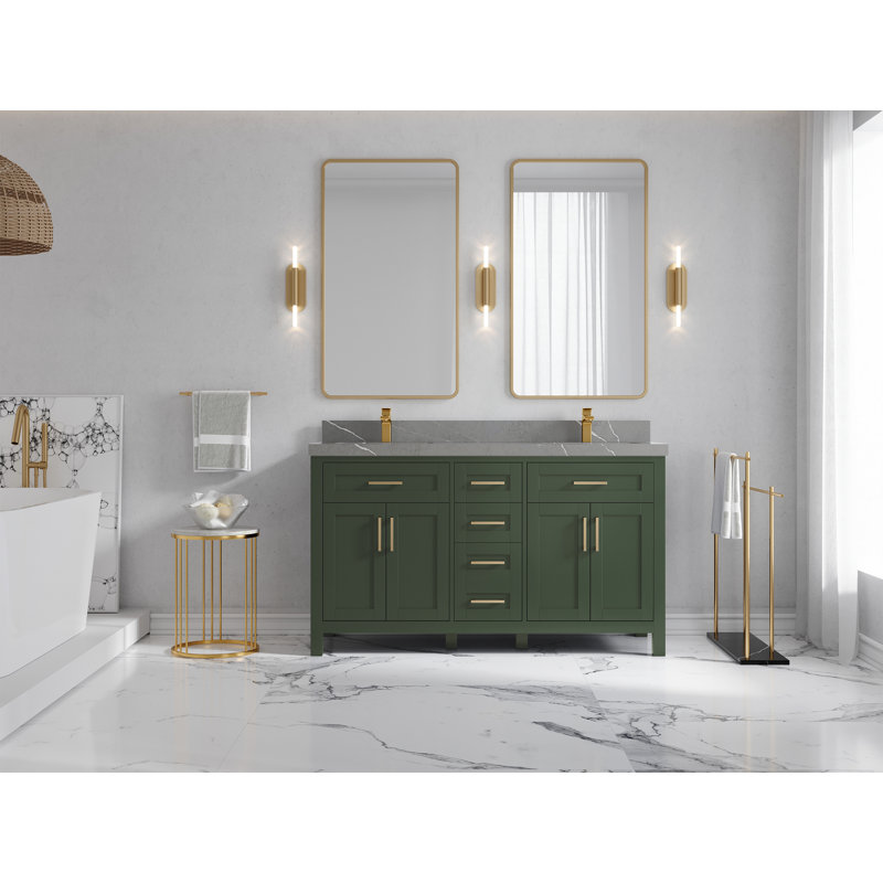 Sharber 60'' Double Bathroom Vanity with Quartz Top, Piatra Gray