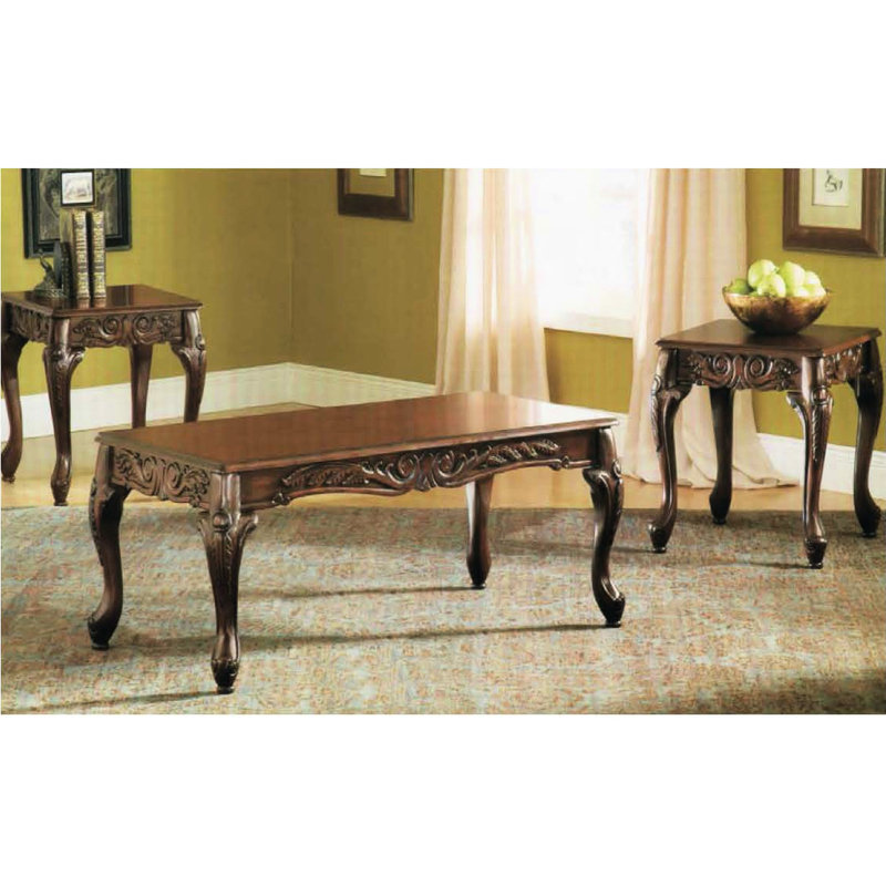 Table basse et table de bout en cerisier foncé 3 pièces, style fleuri, rectangulaire, rectangulaire pour le salon, avec détails élégants