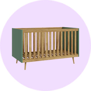 Modern green and wood baby cot on lilac background