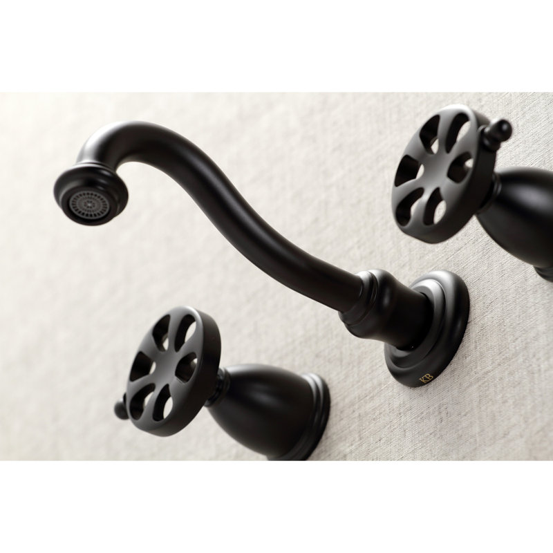 Kingston Brass Belknap Two-Handle 3-Hole Wall Mount Tub Faucet, Matte Black, Cross