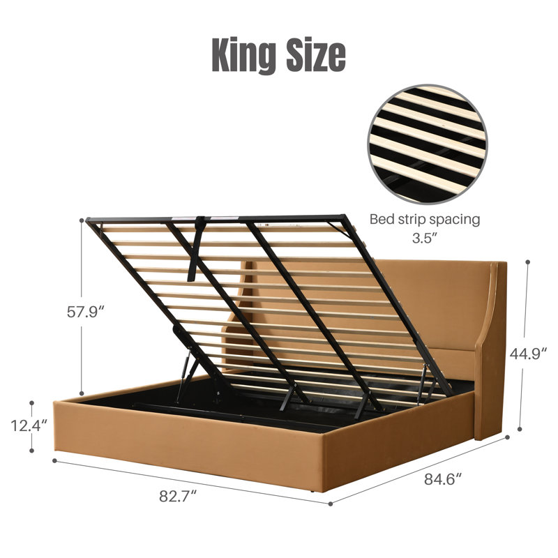Linvel Hydraulic Lift-Up Storage Upholstered Platform Bed, King, Khaki Velvet