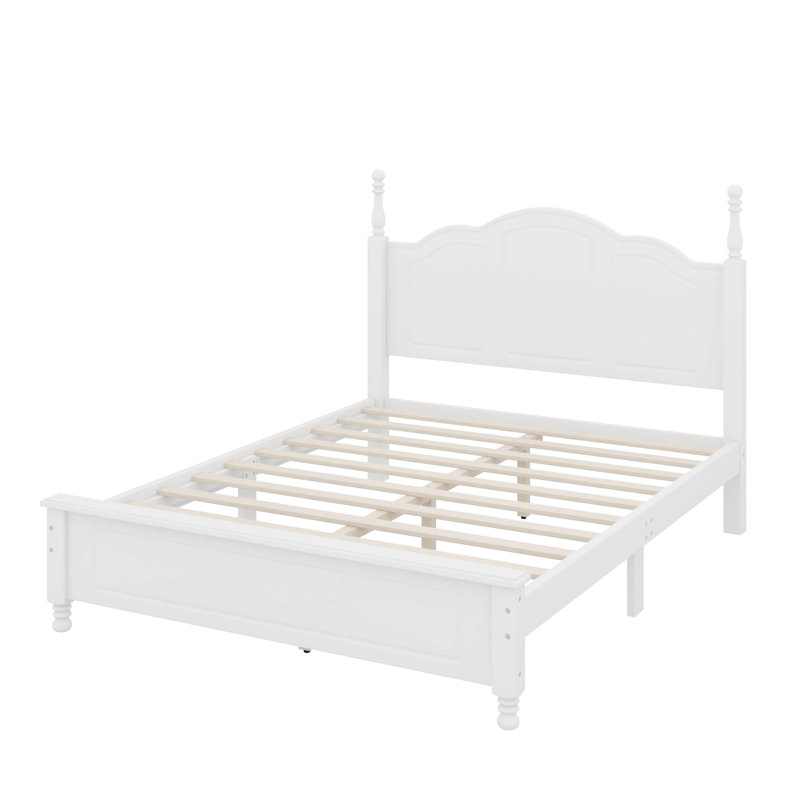 Lit plateforme en bois de style rétro avec support en lattes de bois, Lit double, Blanc