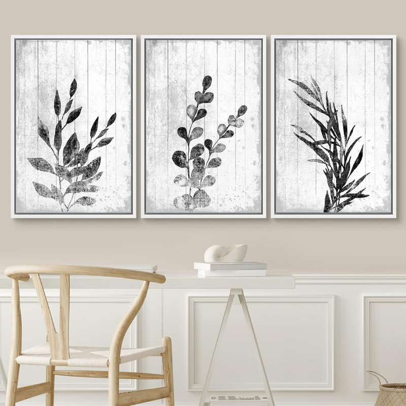 «Black and White Leaves Silhouette», reproduction encadrée sur toile 3 pièces, H 24 po x l 48 po x P 1,5 po, Blanc