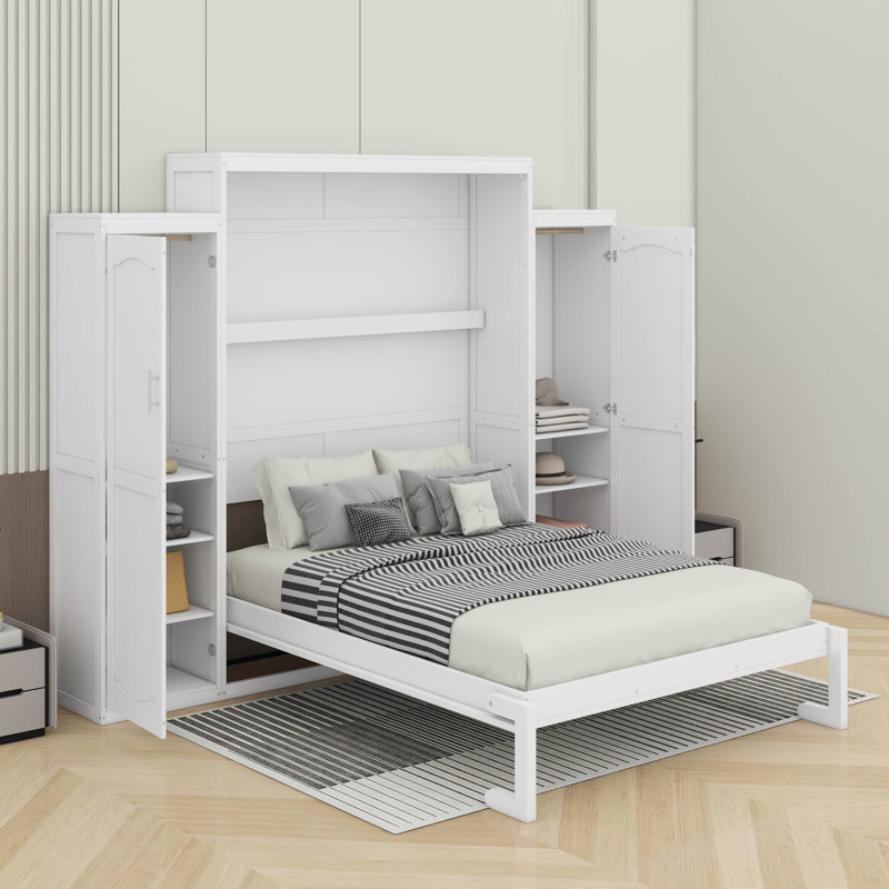 Armoire murale pleine grandeur avec lit escamotable avec 2 garde-robe et tablette de rangement, lit escamotable mural en bois Murphy, cadre de lit plateforme pliable multifonctionnel pour chambre d'amis