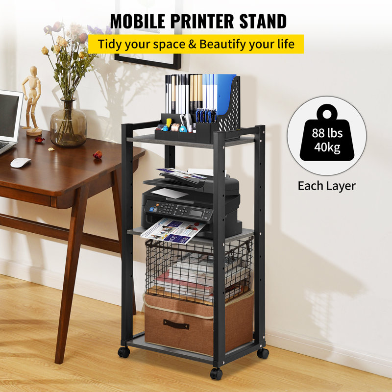 Black 3-Tier Rolling Printer Stand with Adjustable Storage Shelves
